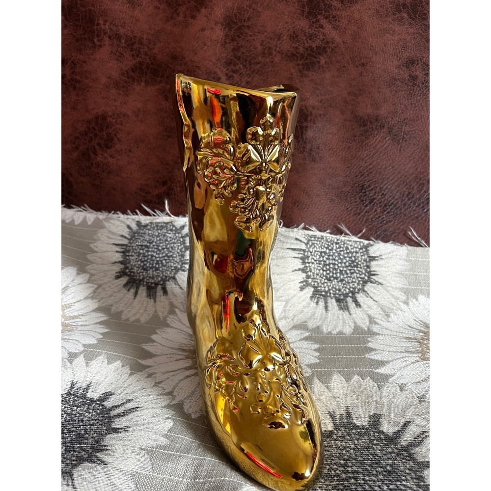 Metallic Gold Cowboy Boot Ceramic Vase Western Floral Embossed Decorative Accent